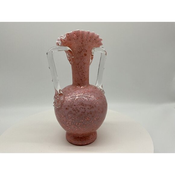 Stevens And Williams VTG Pink Cased Glass Blown Vase w/Thorn Handles Mica Flakes - Picture 16 of 16